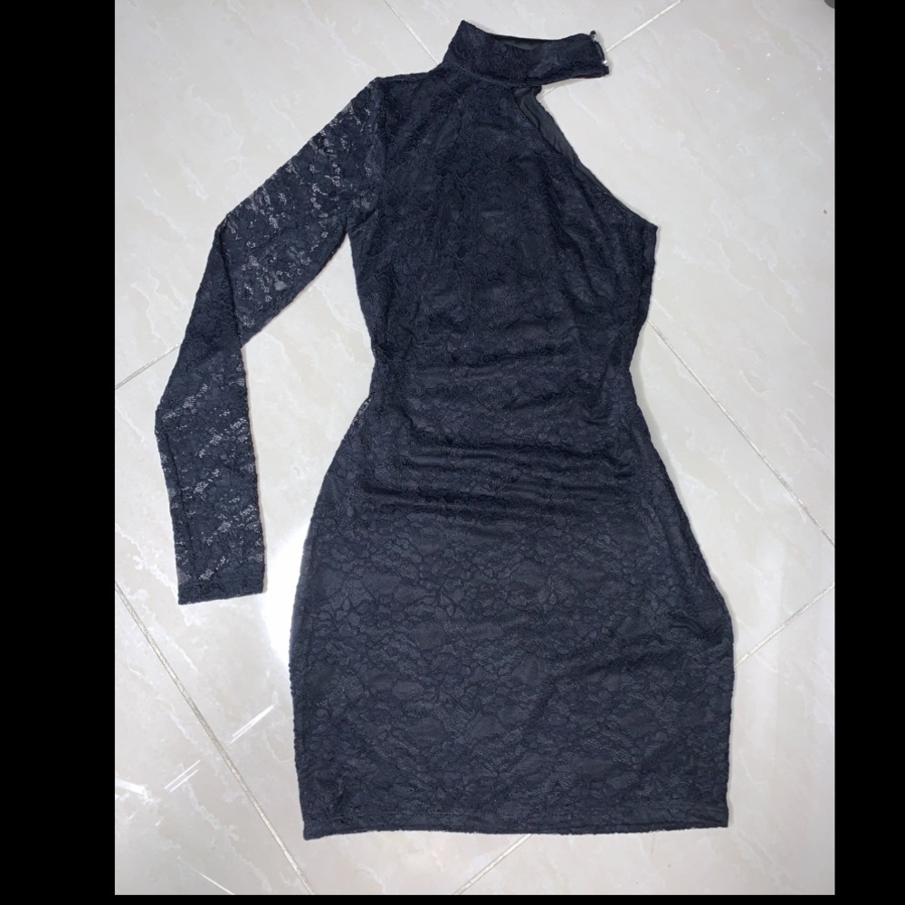 BEBE Black Lace One Sleeve Dress